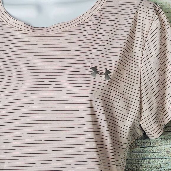 Under Armour Women’s HeatGear Striped Short Sleeve Tee White/Pink Size Large - Picture 2 of 7